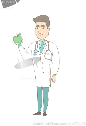 Image of Caucasian nutritionist offering fresh red apple.