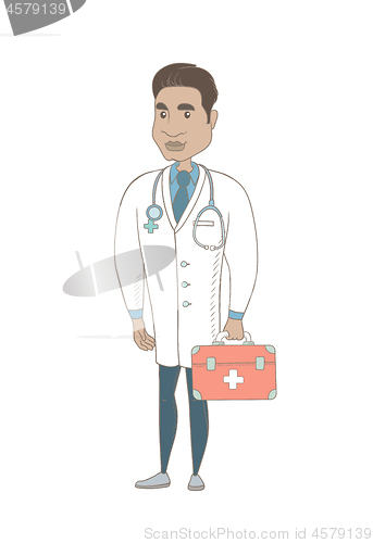 Image of Young hispanic doctor holding first aid box.