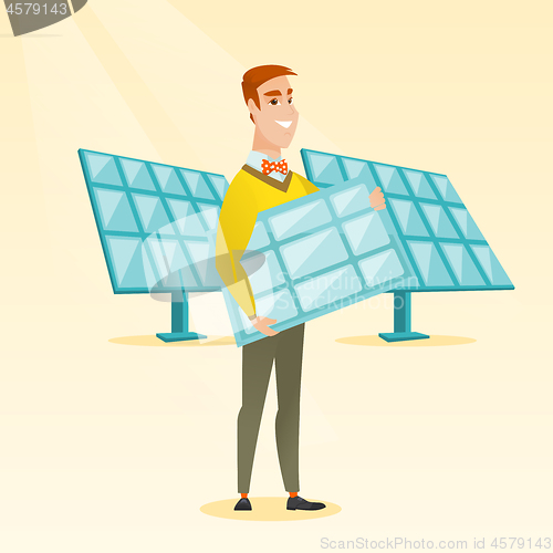 Image of Man holding solar panel vector illustration.