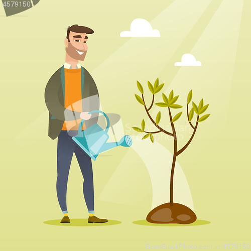 Image of Man watering tree vector illustration.