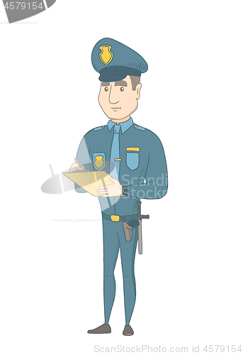 Image of Caucasian traffic policeman writing fine bill.