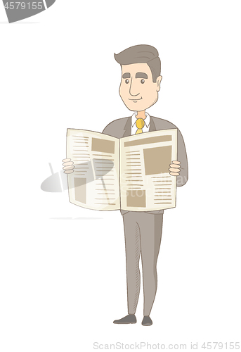 Image of Young caucasian businessman reading newspaper.