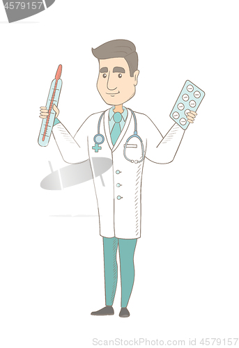 Image of Otolaryngologist holding thermometer and pills.