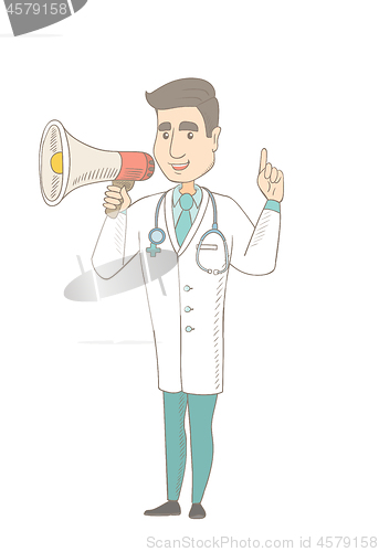 Image of Young caucasian doctor talking into loudspeaker.