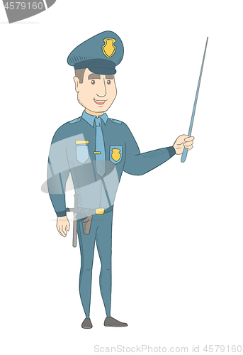 Image of Young caucasian policeman holding a pointer stick.