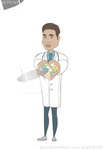 Image of Young hispanic pharmacist giving pills.