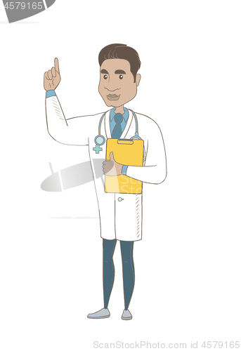 Image of Hispanic doctor holding clipboard with documents.