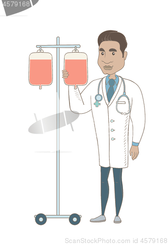 Image of Young hispanic doctor preparing drop counter.