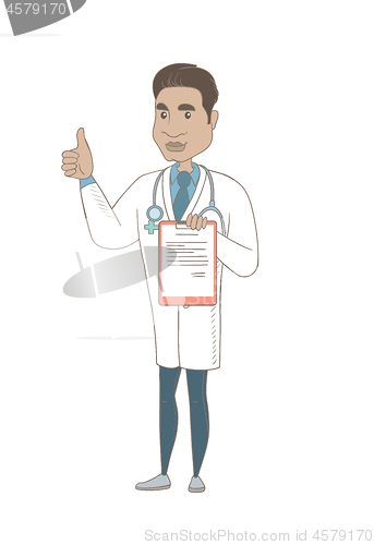 Image of Hispanic doctor with clipboard giving thumb up.