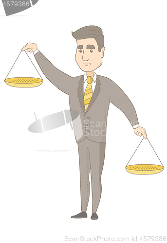 Image of Caucasian businessman holding balance scale.