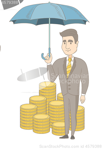 Image of Caucasian business insurance agent with umbrella.