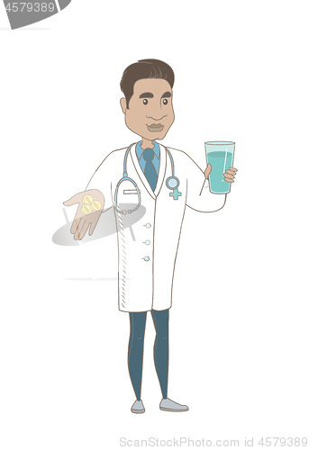Image of Young pharmacist giving pills and glass of water.