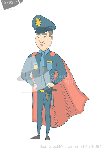 Image of Caucasian policeman wearing a red superhero cloak.