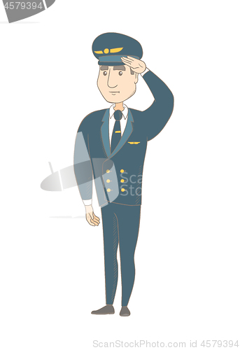 Image of Young caucasian pilot saluting.