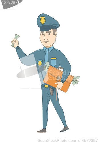 Image of Caucasian policeman with briefcase full of money.