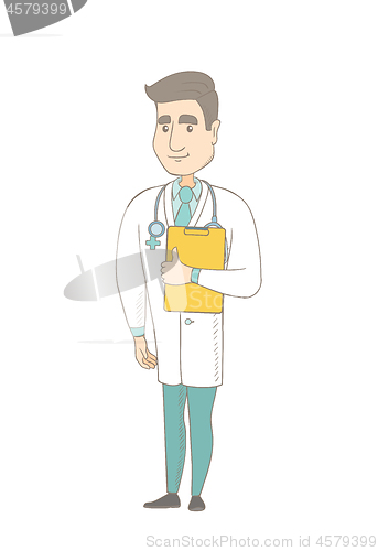 Image of Caucasian doctor holding clipboard with papers.