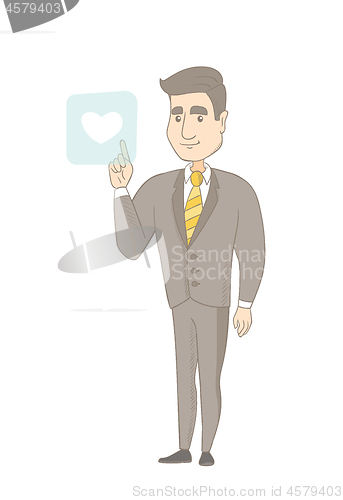 Image of Young businessman pressing web button with heart.