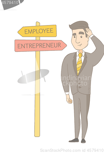 Image of Confused caucasian man choosing career pathway.