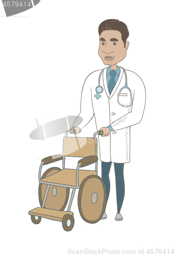 Image of Young hispanic doctor pushing wheelchair.