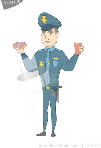 Image of Policeman eating doughnut and drinking coffee.