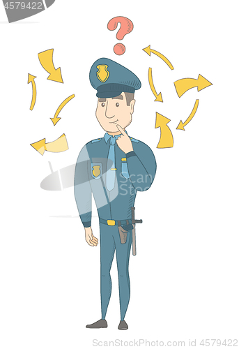 Image of Young caucasian policeman with question mark.