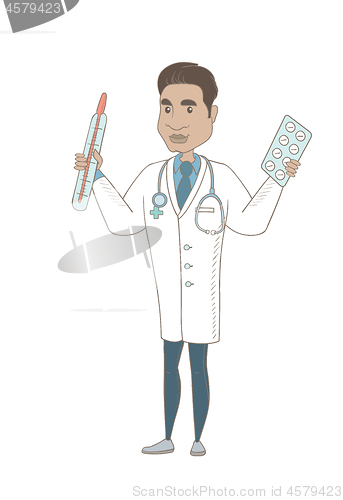 Image of Otolaryngologist holding thermometer and pills.