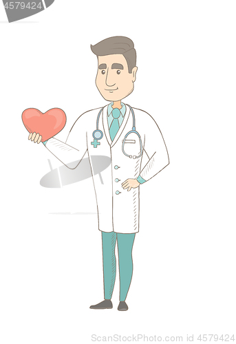 Image of Caucasian cardiologist holding a big red heart.