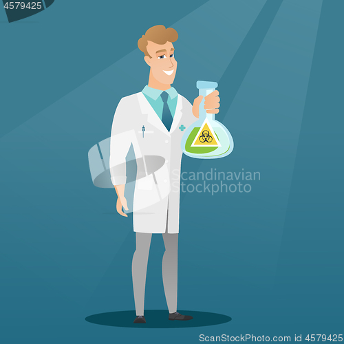 Image of Scientist holding flask with biohazard sign.