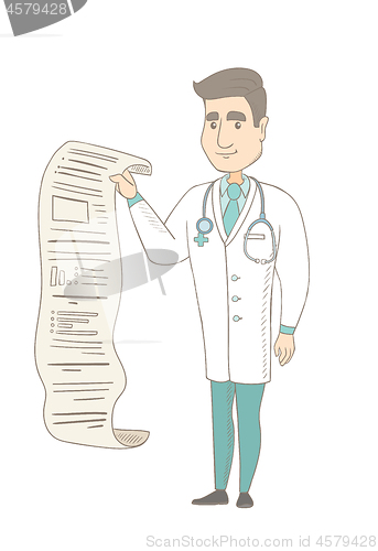 Image of Young doctor in medical gown giving presentation.