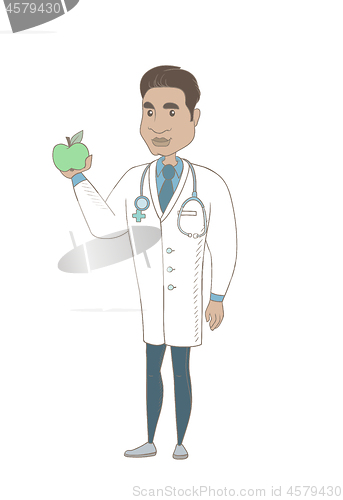 Image of Hispanic nutritionist offering fresh red apple.