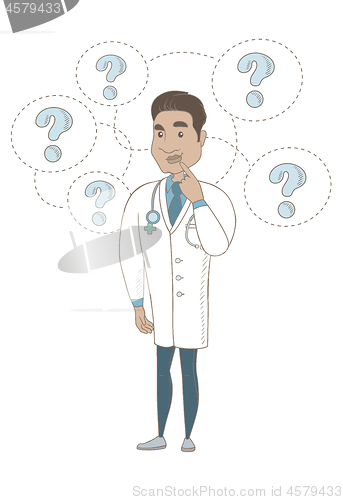 Image of Thinking hispanic doctor with question marks.