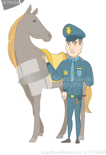 Image of Young caucasian police officer and horse.