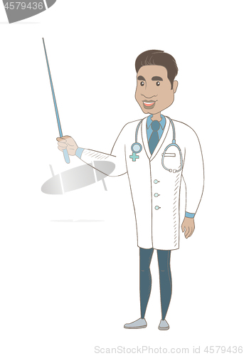 Image of Young hispanic doctor holding pointer stick.