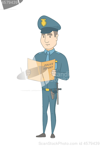 Image of Caucasian police officer holding a police report.