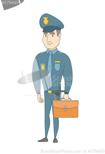 Image of Young caucasian policeman holding a briefcase.