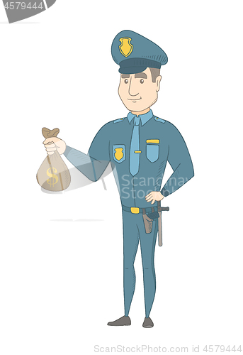 Image of Young caucasian policeman holding a money bag.