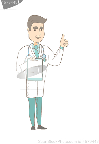 Image of Caucasian doctor with clipboard giving thumb up.