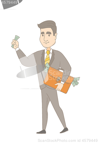 Image of Caucasian businessman with briefcase full of money