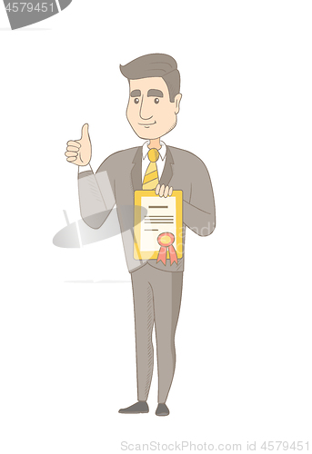 Image of Young caucasian businessman holding a certificate.