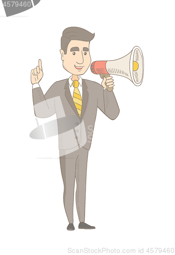 Image of Caucasian businessman talking into loudspeaker.