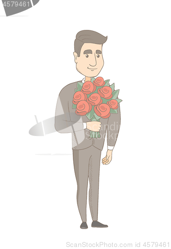 Image of Caucasian businessman holding bouquet of flowers.