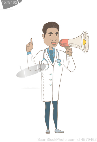 Image of Young hispanic doctor talking into loudspeaker.