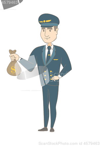 Image of Young caucasian pilot holding a money bag.