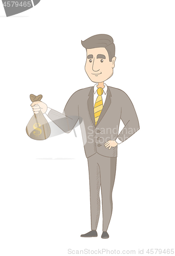 Image of Young caucasian businessman holding a money bag.