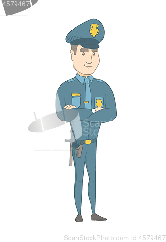 Image of Caucasian policeman standing with folded arms.