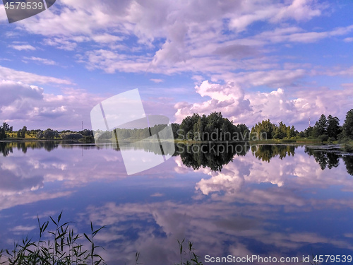 Image of Reflections in a lake with sky and trees