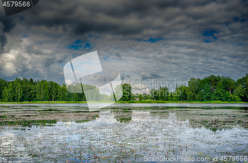 Image of Reflections in a lake with sky and trees