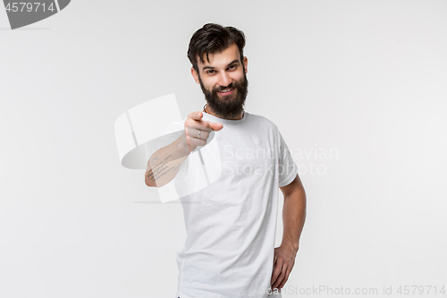 Image of The happy business man point you and want you, half length closeup portrait