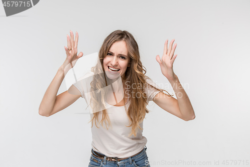 Image of Beautiful female half-length portrait isolated on studio backgroud. The young emotional surprised woman