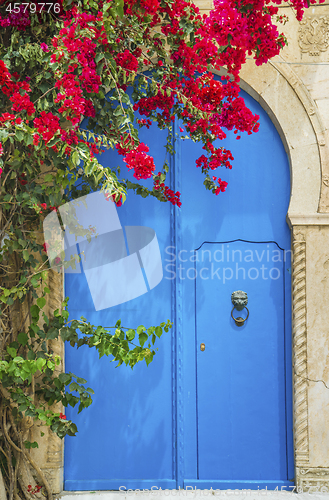 Image of Aged Blue door in Andalusian style from Sidi Bou Said